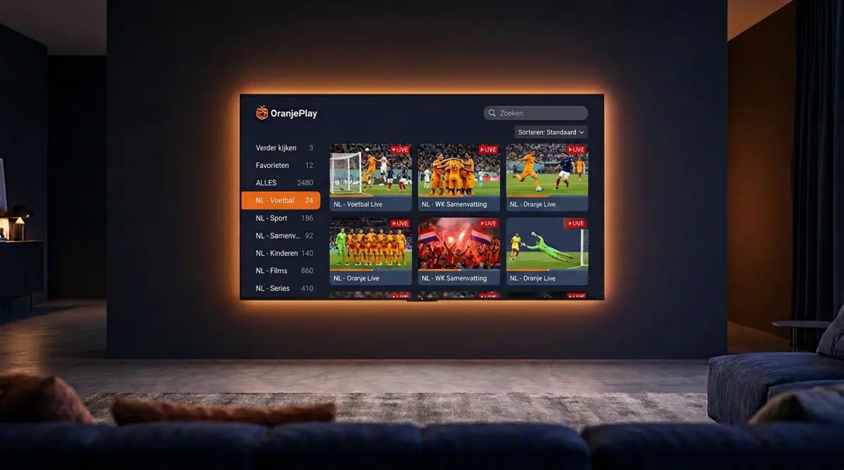 OranjePlay-speler op een groot scherm in een donkere woonkamer: categoriemenu met zenders uit de eigen playlist en een raster met live voetbalbeelden van spelers in het oranje in een vol toernooistadion